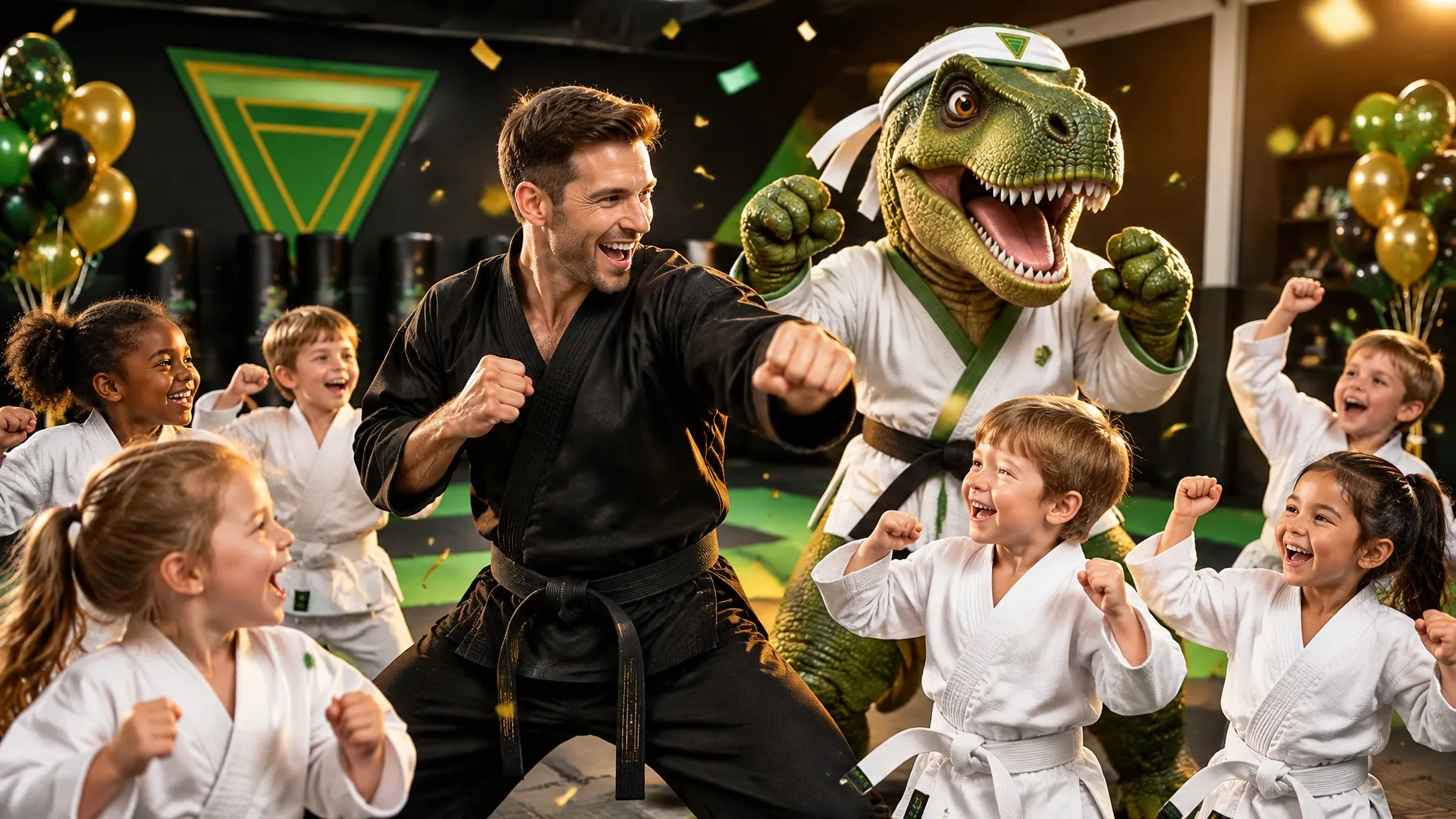 Karate instructor leading cheering children in gis during a dinosaur birthday party with a friendly T-Rex mascot in the dojo