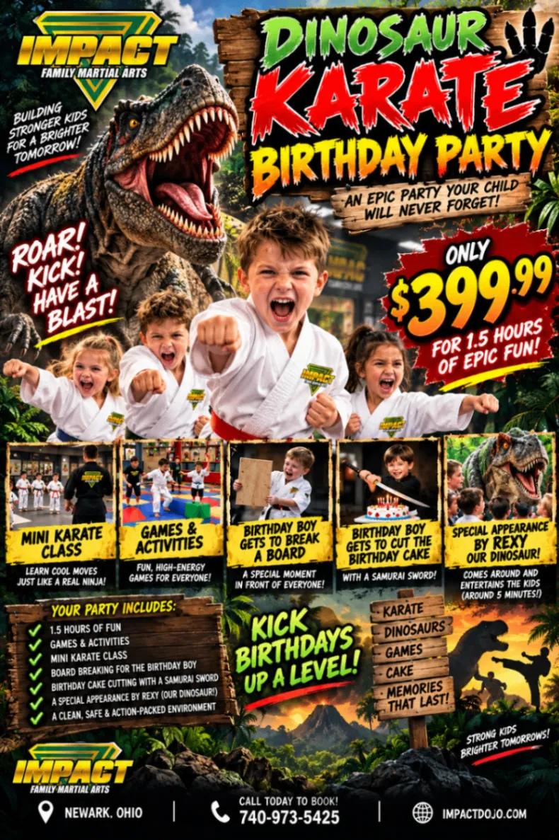 Dinosaur karate birthday party flyer featuring Rexy in a white gi and the $299 starting price