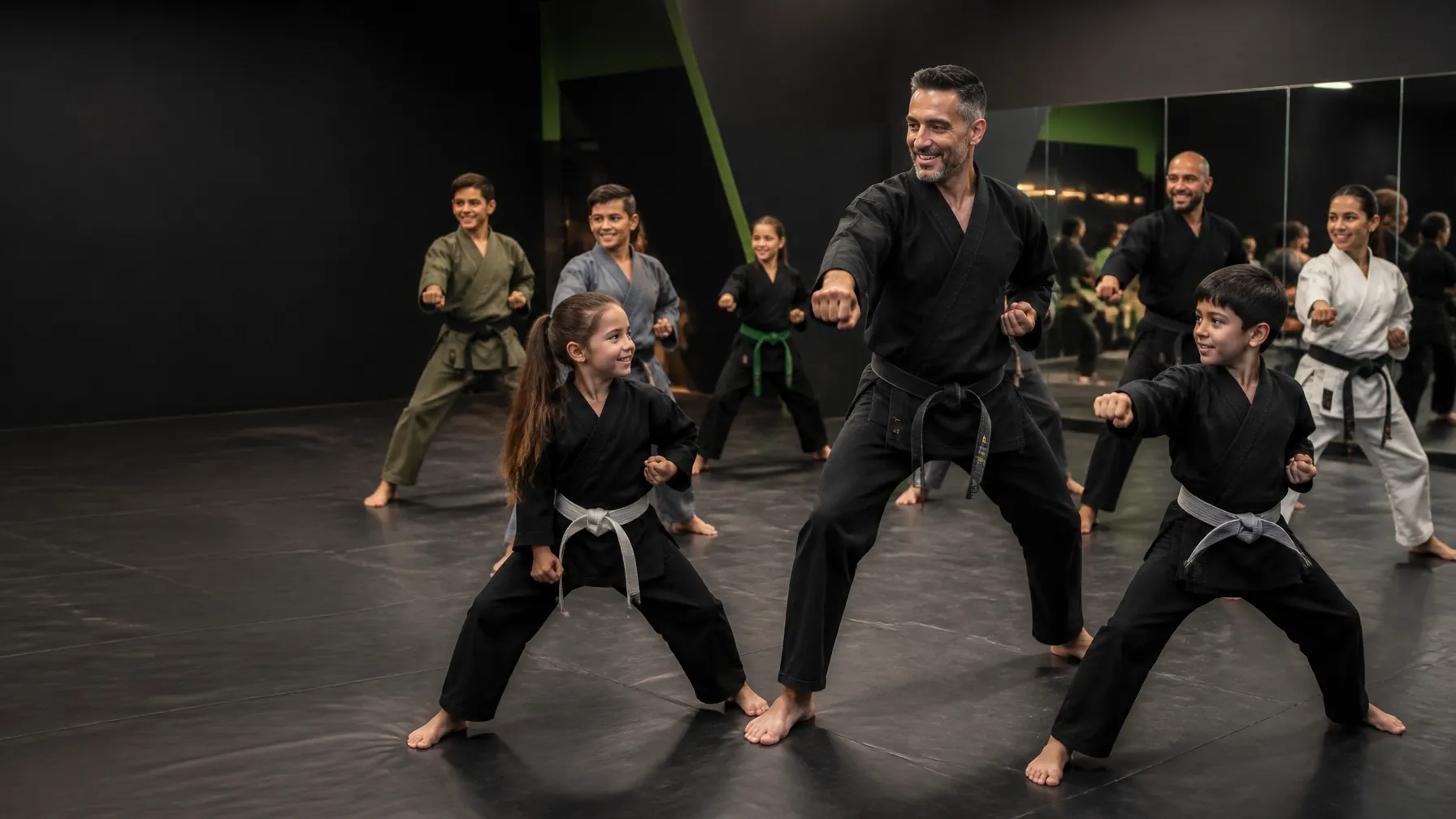 Children and adults practicing martial arts together in a welcoming dojo