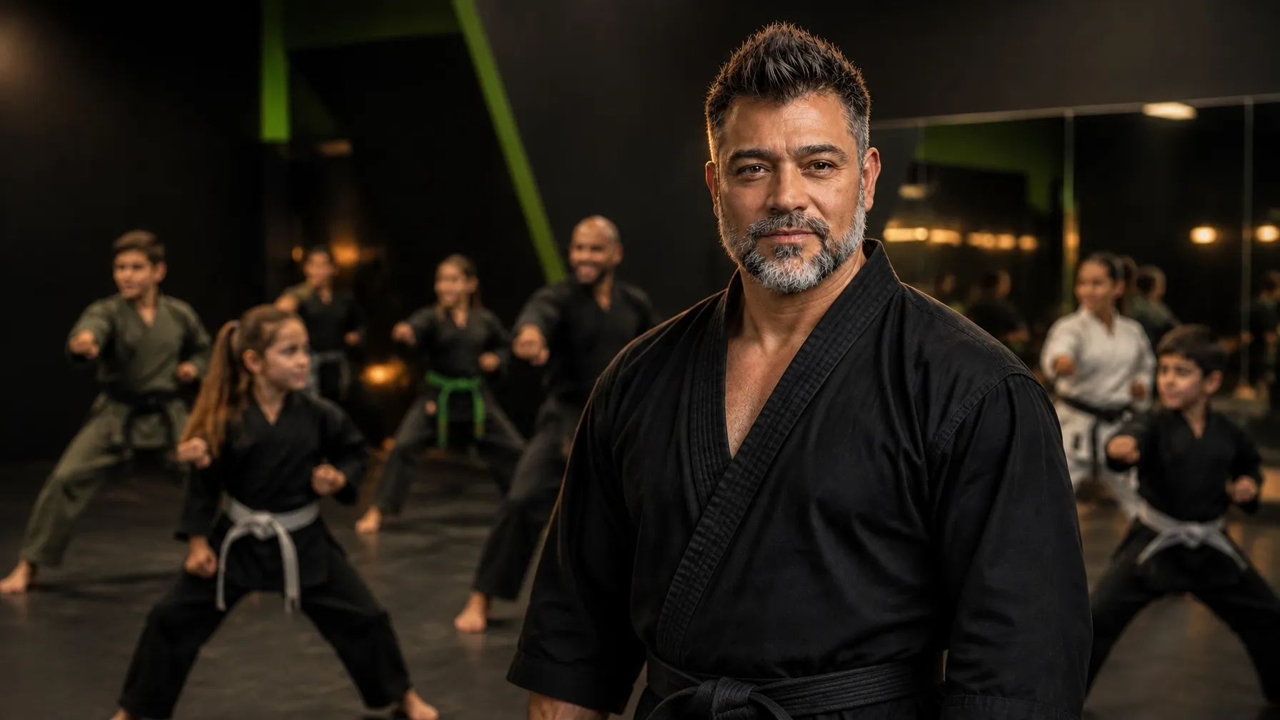 Impact instructor in a black gi and black belt leading children through martial arts training in the dojo