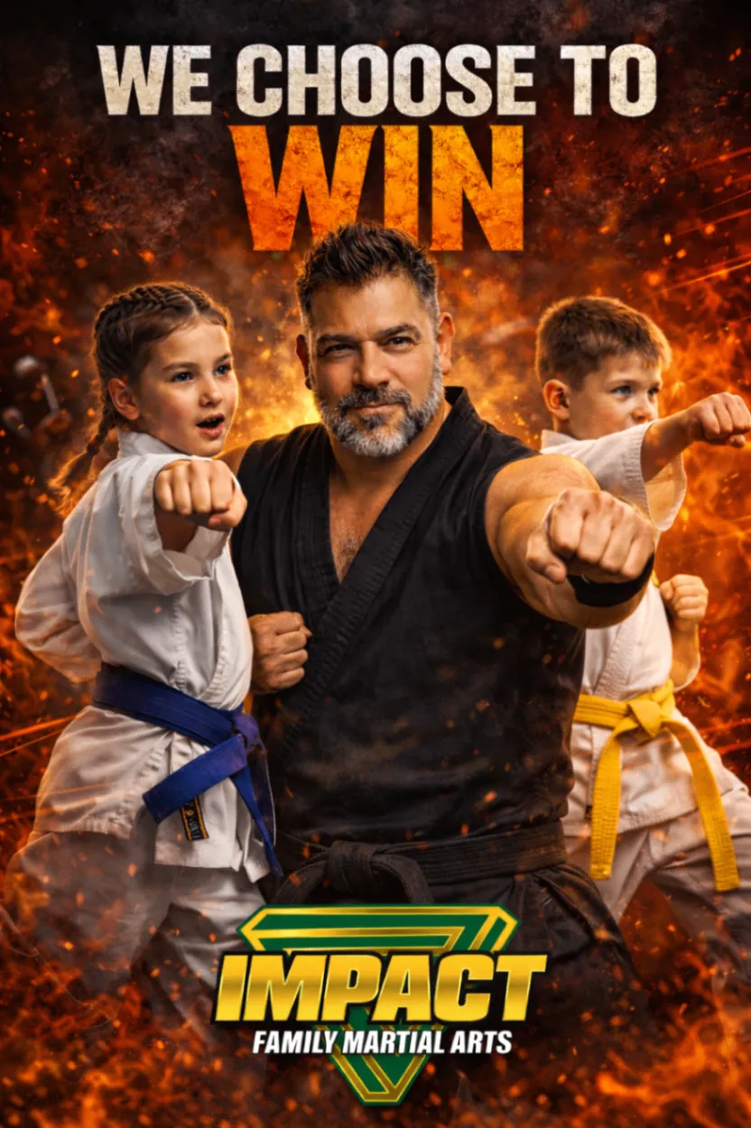 Impact instructor practicing martial arts with two young students in the dojo