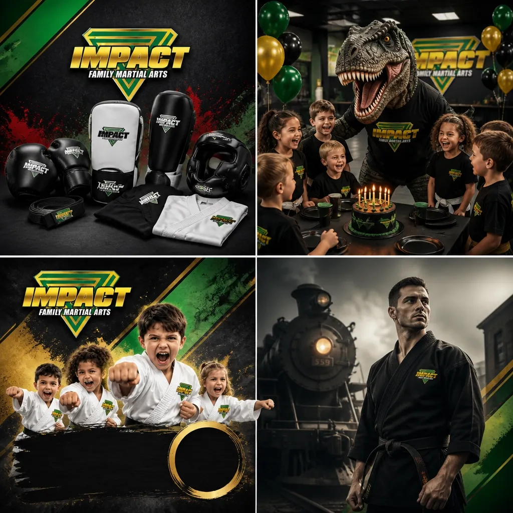 Impact Family Martial Arts collage showing training gear, children celebrating with a dinosaur, and martial-arts students