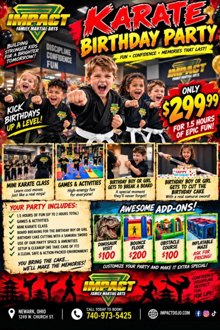 Karate birthday party marketing flyer showing children celebrating at Impact Family Martial Arts