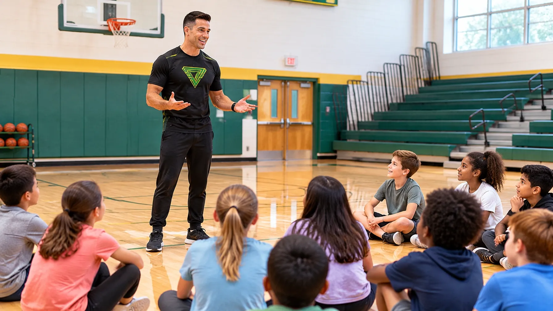 Martial arts instructor presenting to school-aged children seated in ordinary clothes on a bright school gym floor